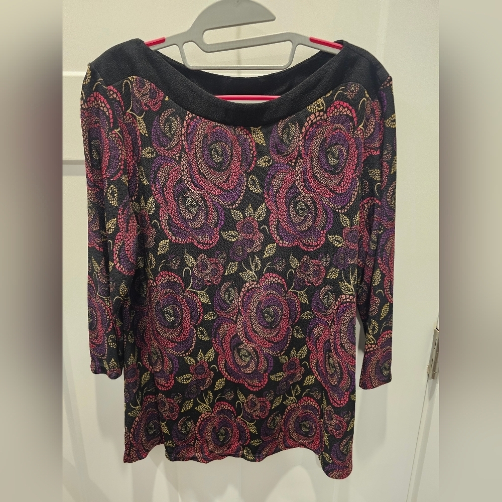 Choices Floral Jacquard Knit Top XL Black Pink Purple 3/4 Sleeve